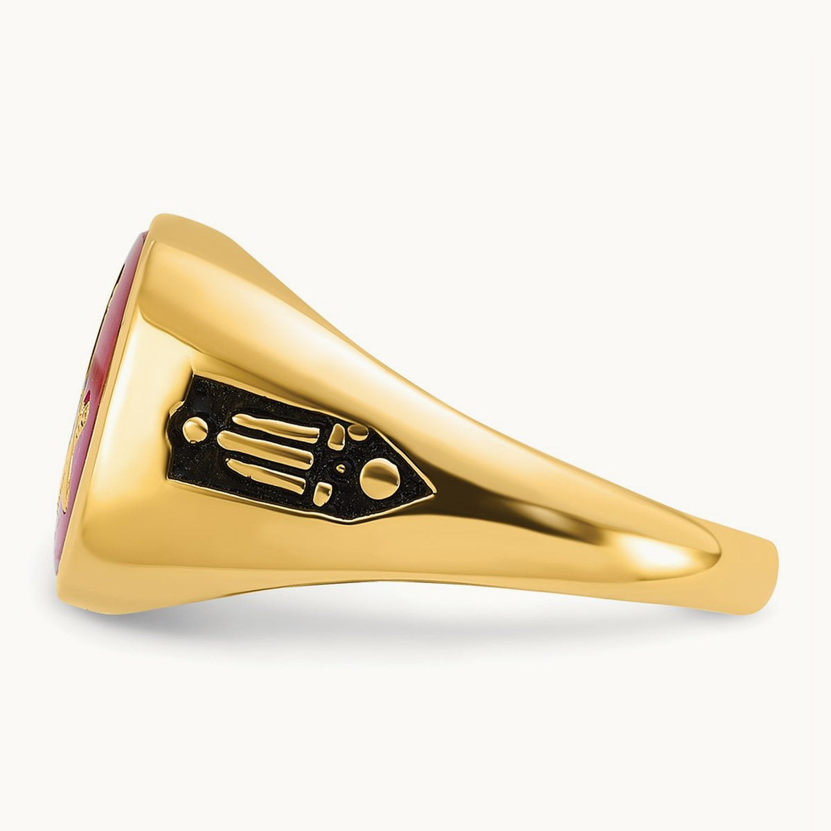 Men's Textured w/ Black Enamel & Lab Cr. Ruby Masonic Ring, 14K