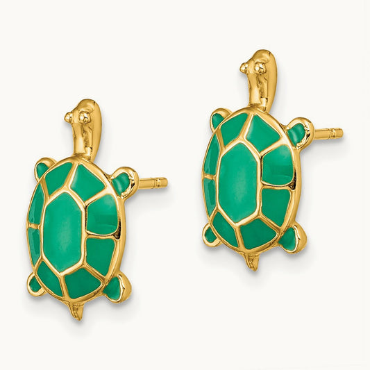 Land Turtle W/Green Enamel Shell Earrings, 14K