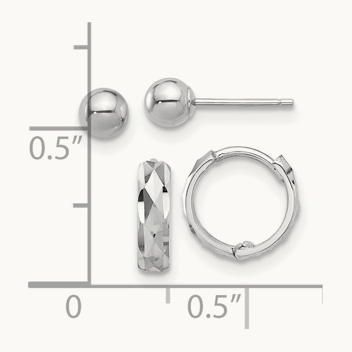 Polished Ball and D/C Hinged Hoop Earring Set, 4mm, 14K White Gold