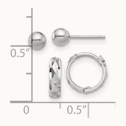 Polished Ball and D/C Hinged Hoop Earring Set, 4mm, 14K White Gold