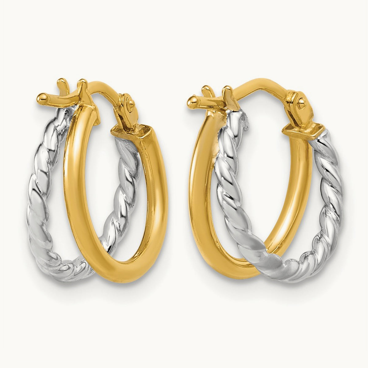 Polished and Twisted 2-row J-Hoop Earrings — 14K Two-Tone Gold
