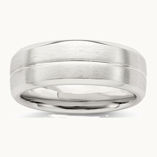 Sterling Silver 7mm Brushed Domed Grooved Fancy Band