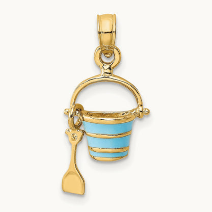 2-D Aqua Enameled Beach Bucket w/Moveable Shovel Charm, 14K