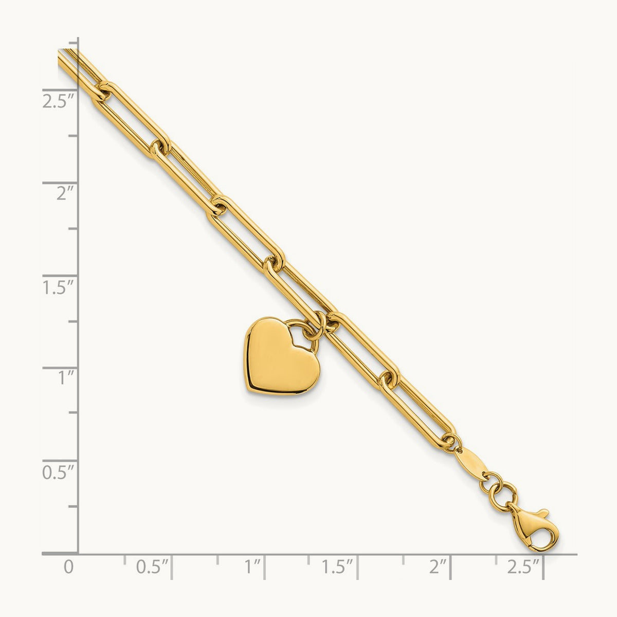Polished Dangle Heart 7.5in Paperclip Bracelet, 14K