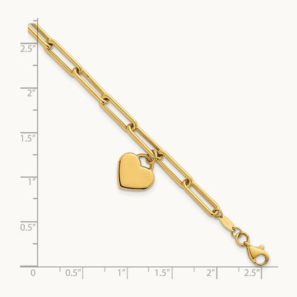 Polished Dangle Heart 7.5in Paperclip Bracelet, 14K