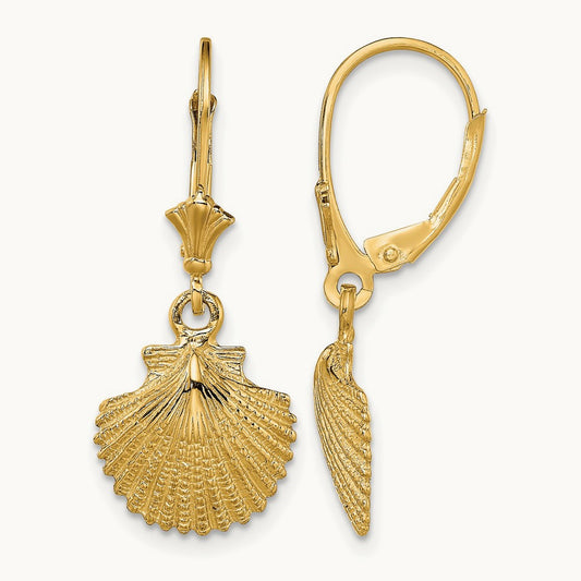 2-D and Textured Scallop Shell Leverback Earrings, 14K