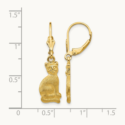 Satin Cat Dangle Leverback Earrings, 14K