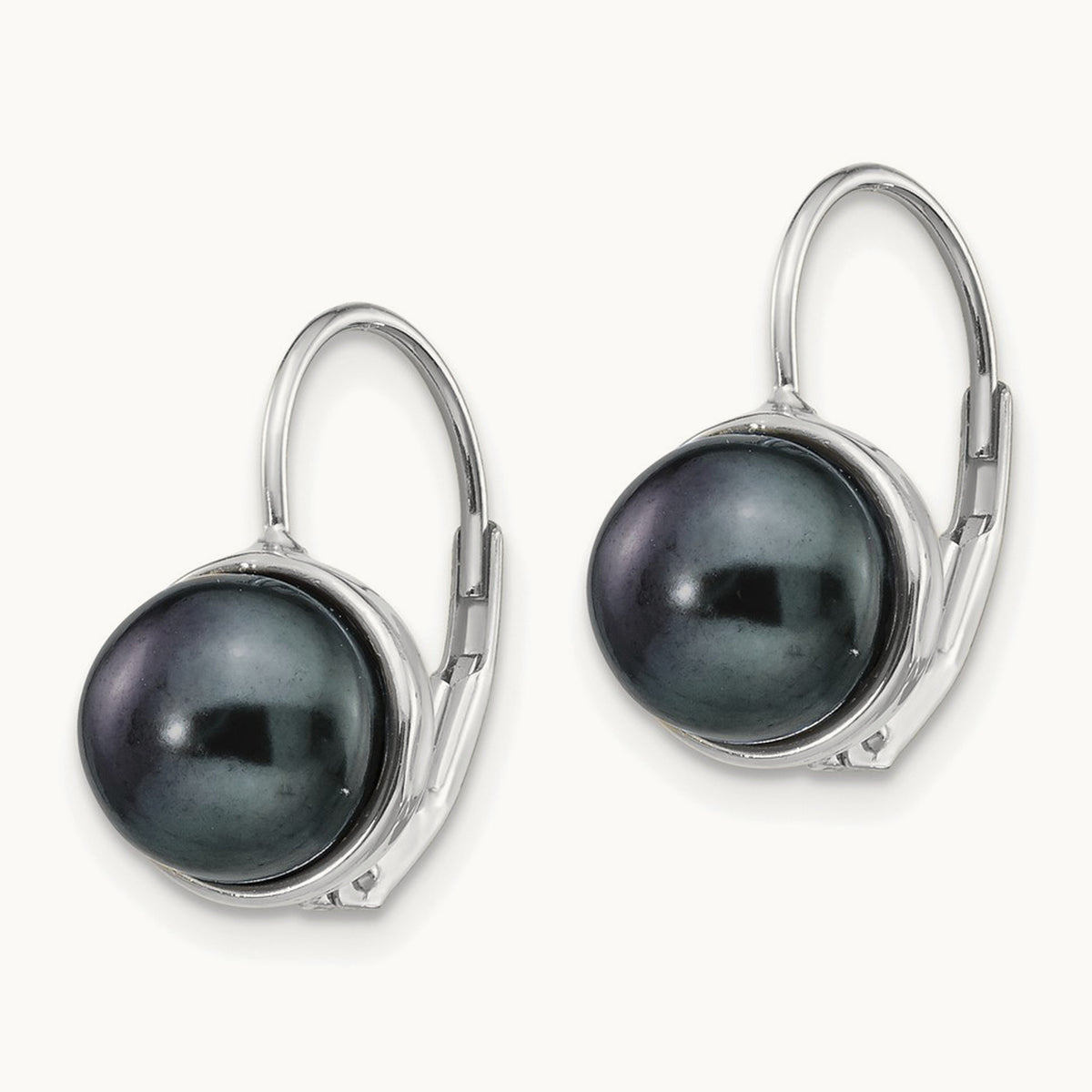 6- Black Button FW Cultured Pearl Leverback Earrings, 7mm, 14K White Gold