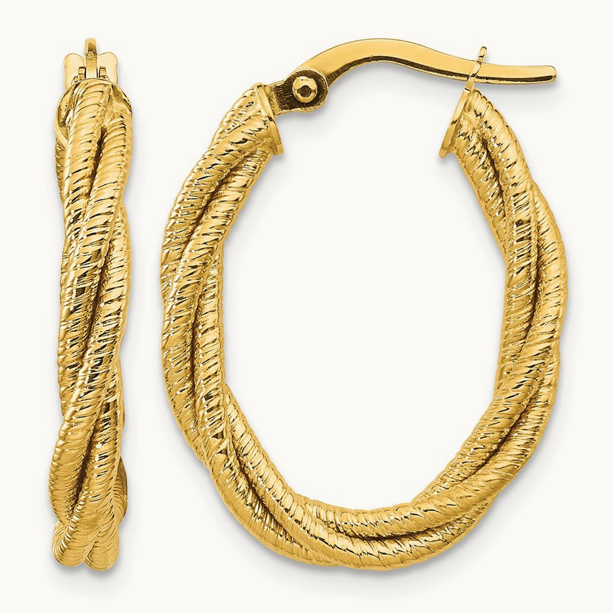 Polished Textured Twisted Oval Hoop Earrings, 14K
