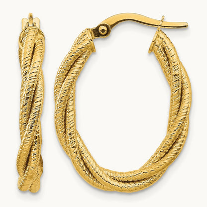 Polished Textured Twisted Oval Hoop Earrings, 14K