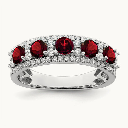 Polished Garnet and Diamond Ring, 14K White Gold