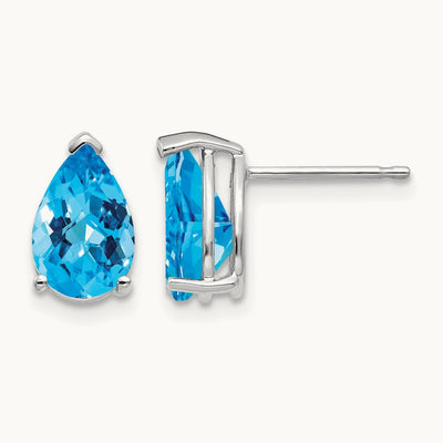 9x6mm Pear Blue Topaz Checker Earrings, 14K White Gold