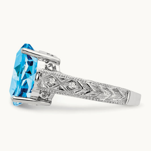 12x10mm Oval Blue Topaz AA Diamond ring, 14K White Gold