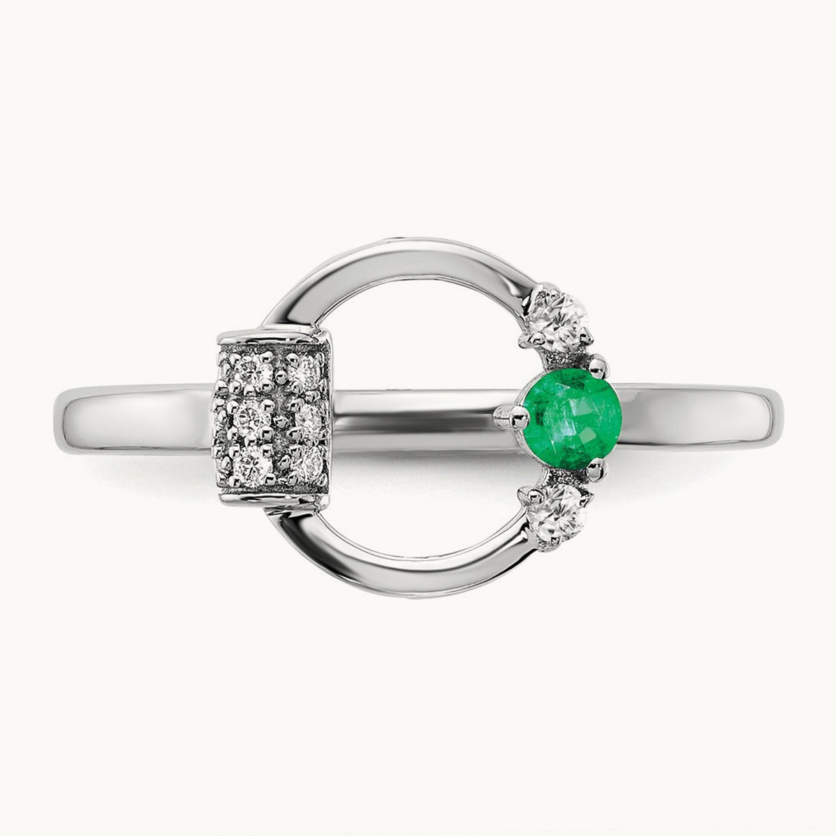 Polished Diamond and Emerald Circle Ring, 14K White