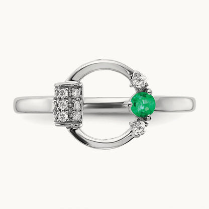 Polished Diamond and Emerald Circle Ring, 14K White