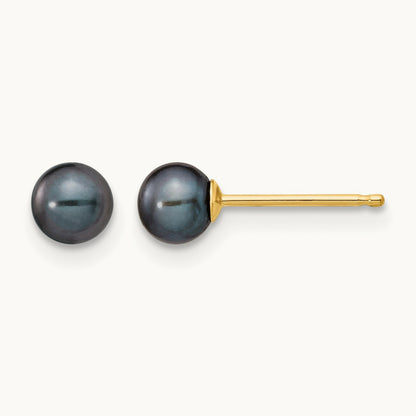 4- Black Round Freshwater Cultured Pearl Stud Post Earrings, 5mm, 14K