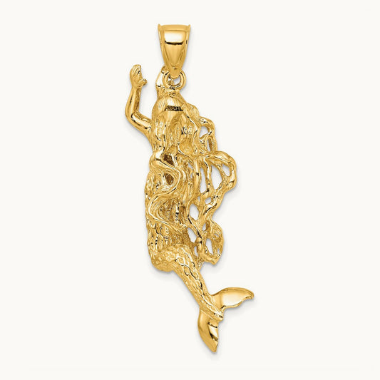 3-D Textured Large Mermaid Charm, 14K