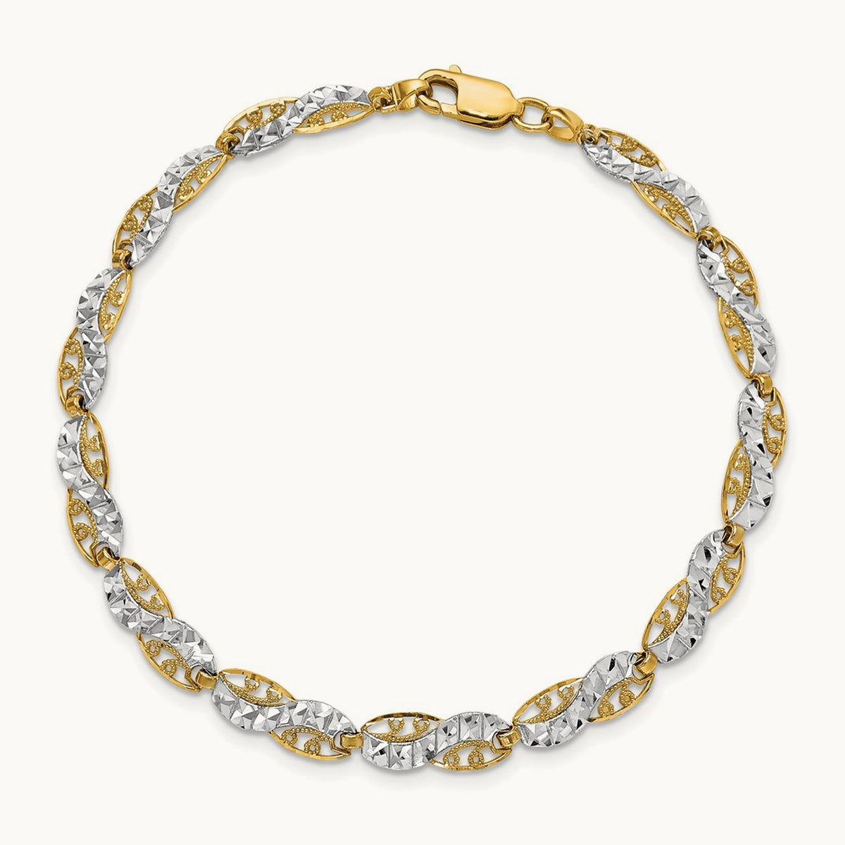 Diamond-Cut Filigree Link Bracelet, 14K with White Rhodium