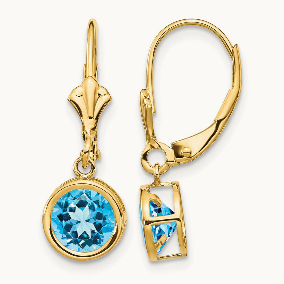 Blue Topaz Leverback Earrings, 6mm, 14K