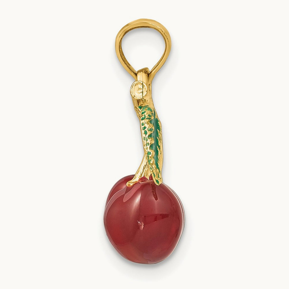 3-D Enamel Cherries W/ Leaf Charm, 14K