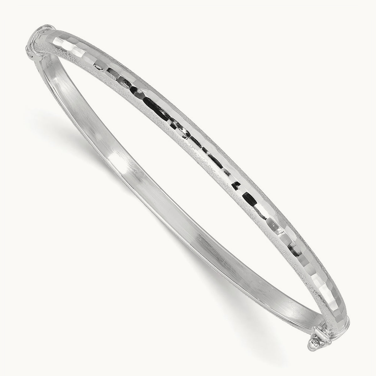 Diamond-cut and Laser-cut Hinged Bangle Bracelet, 14K White Gold