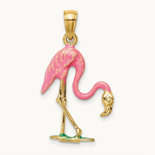 Enameled 3-D Flamingo Pendant — 14K Yellow Gold