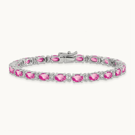 Oval Created Pink Sapphire and Diamond Bracelet, 14K White Gold