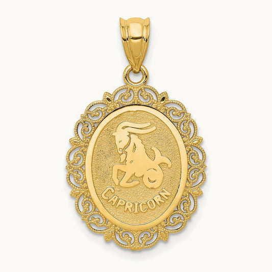 Solid Satin Polished Capricorn Zodiac Oval Pendant, 14K