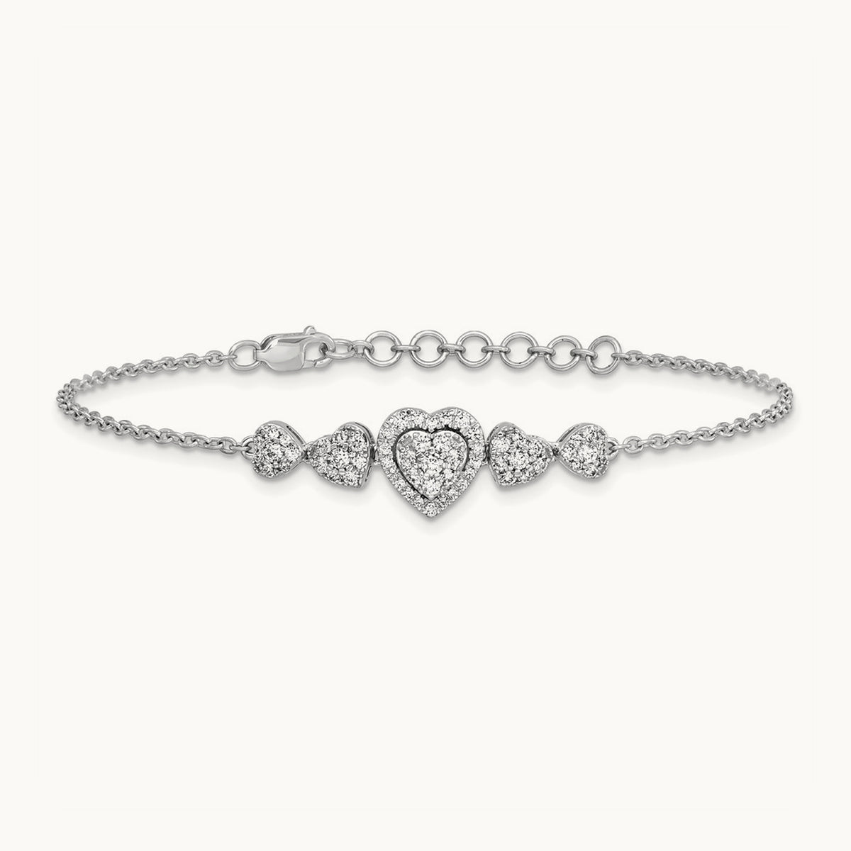 Polished Diamond Hearts with 1in ext. Bracelet, 14K White Gold