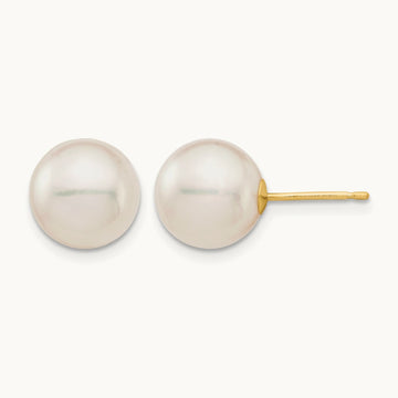 9- White Round Saltwater Akoya Cultured Pearl Stud Post Earrings, 10mm, 14K