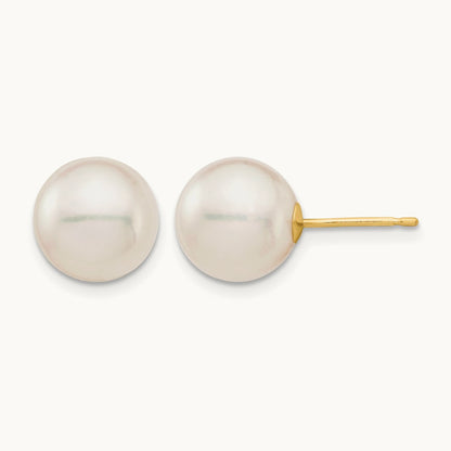9- White Round Saltwater Akoya Cultured Pearl Stud Post Earrings, 10mm, 14K