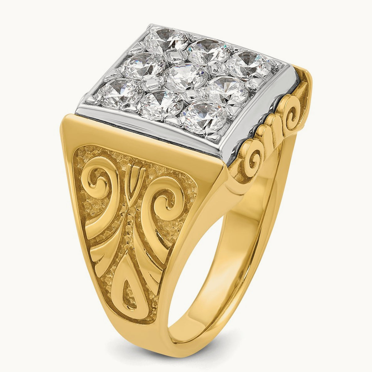 14ktt IBGoodman Men's Textured Scroll Design Diamond Cluster Ring