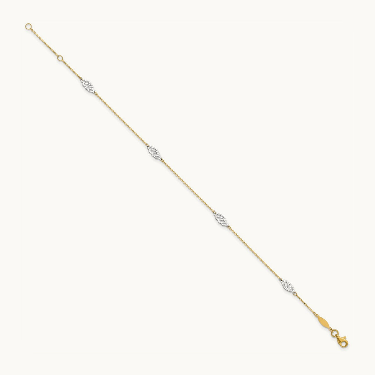 Diamond-cut Polished Leaf 9in Plus 1in ext. Anklet, 14K Two-tone