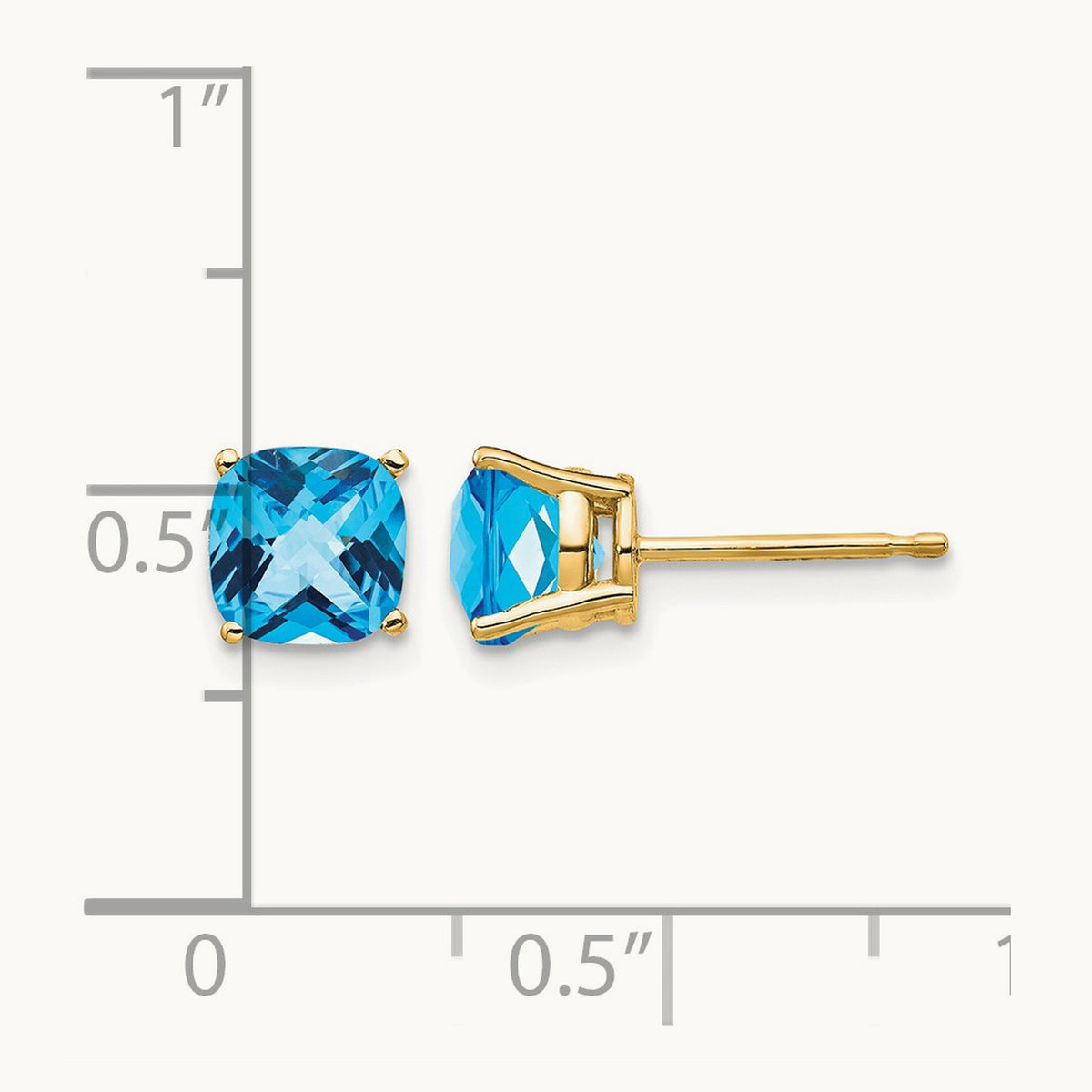 6x6mm Cushion Blue Topaz Checker earring, 14K