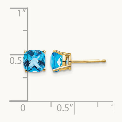 6x6mm Cushion Blue Topaz Checker earring, 14K