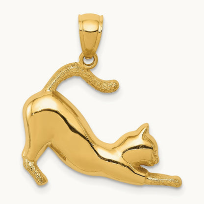 Stretching Cat Pendant, 14K