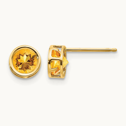 Bezel Citrine Stud Earrings — 14K Yellow Gold