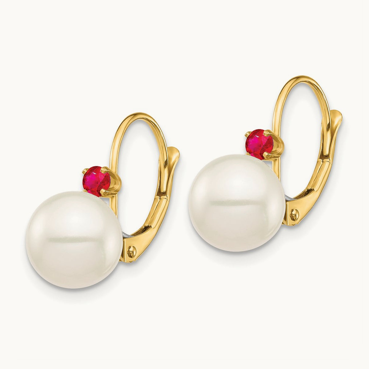8- White Round FWC Pearl Ruby Leverback Earrings, 8.5mm, 14K