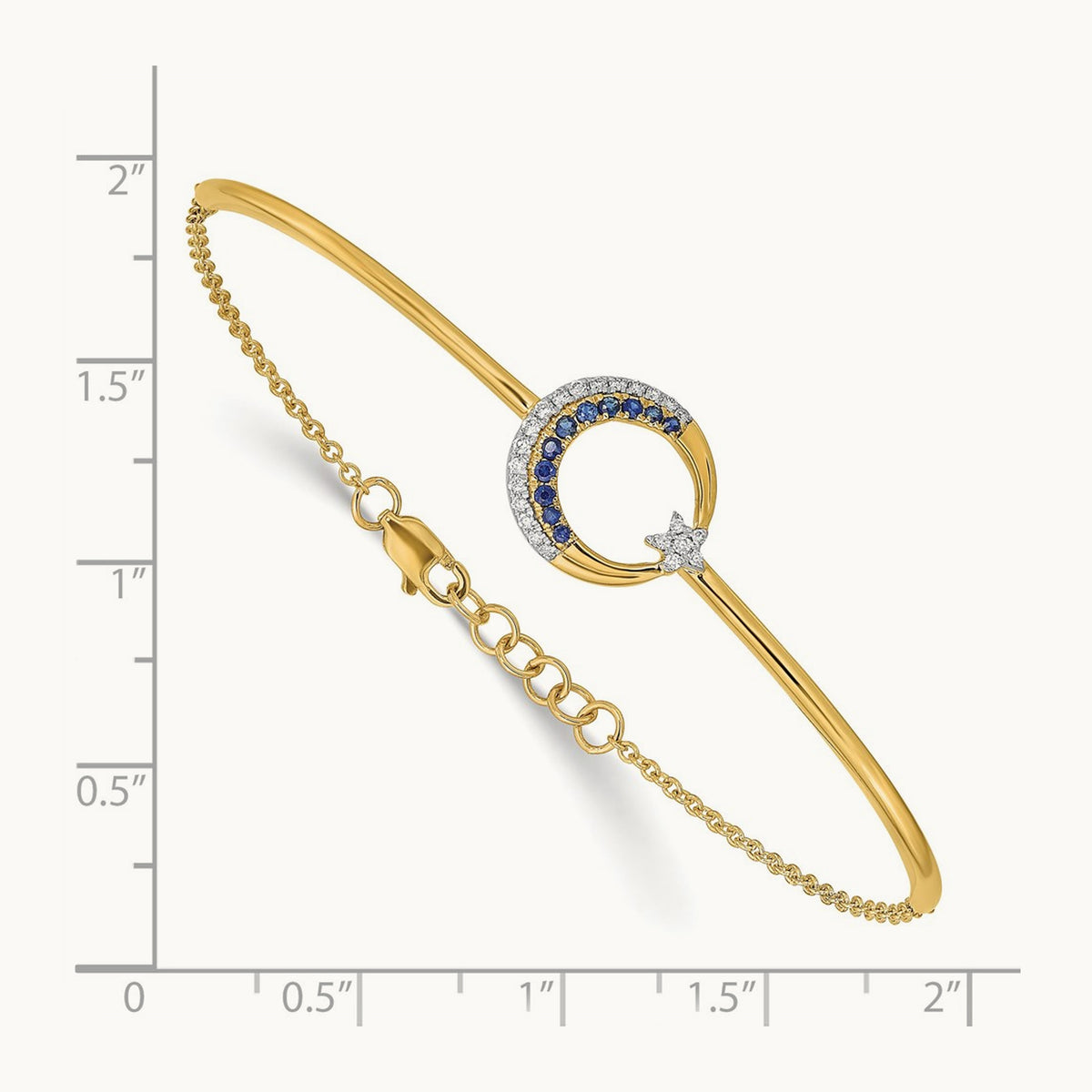 Diamond and Sapphire Moon and Star 7in w/.5in ext Bar Bracelet, 14K