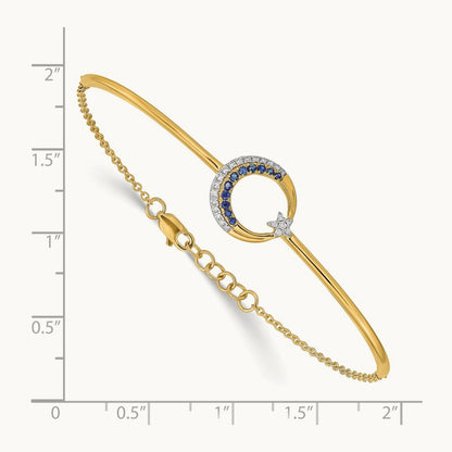 Diamond and Sapphire Moon and Star 7in w/.5in ext Bar Bracelet, 14K