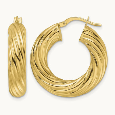 Polished Twist Hollow Round Hoop Earrings, 6mm, 14K Yellow Gold