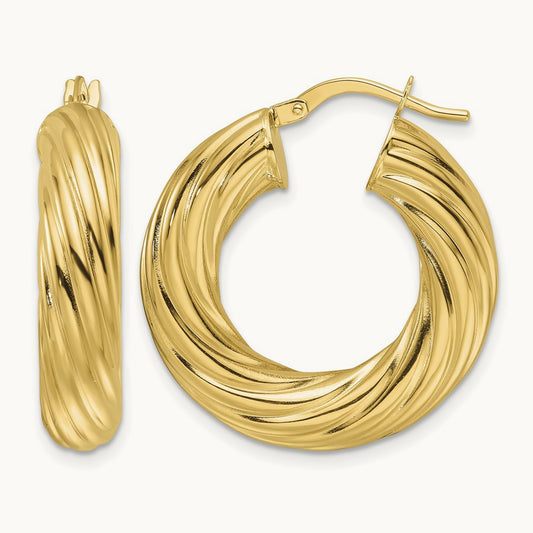 Polished Twist Hollow Round Hoop Earrings, 6mm, 14K Yellow Gold