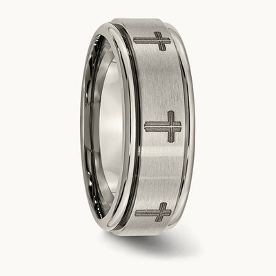 Brushed & Polished Cross Laser Design Ridged Edge Band, 8mm, Titanium