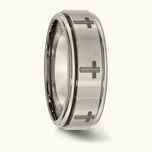 Brushed & Polished Cross Laser Design Ridged Edge Band — photo set