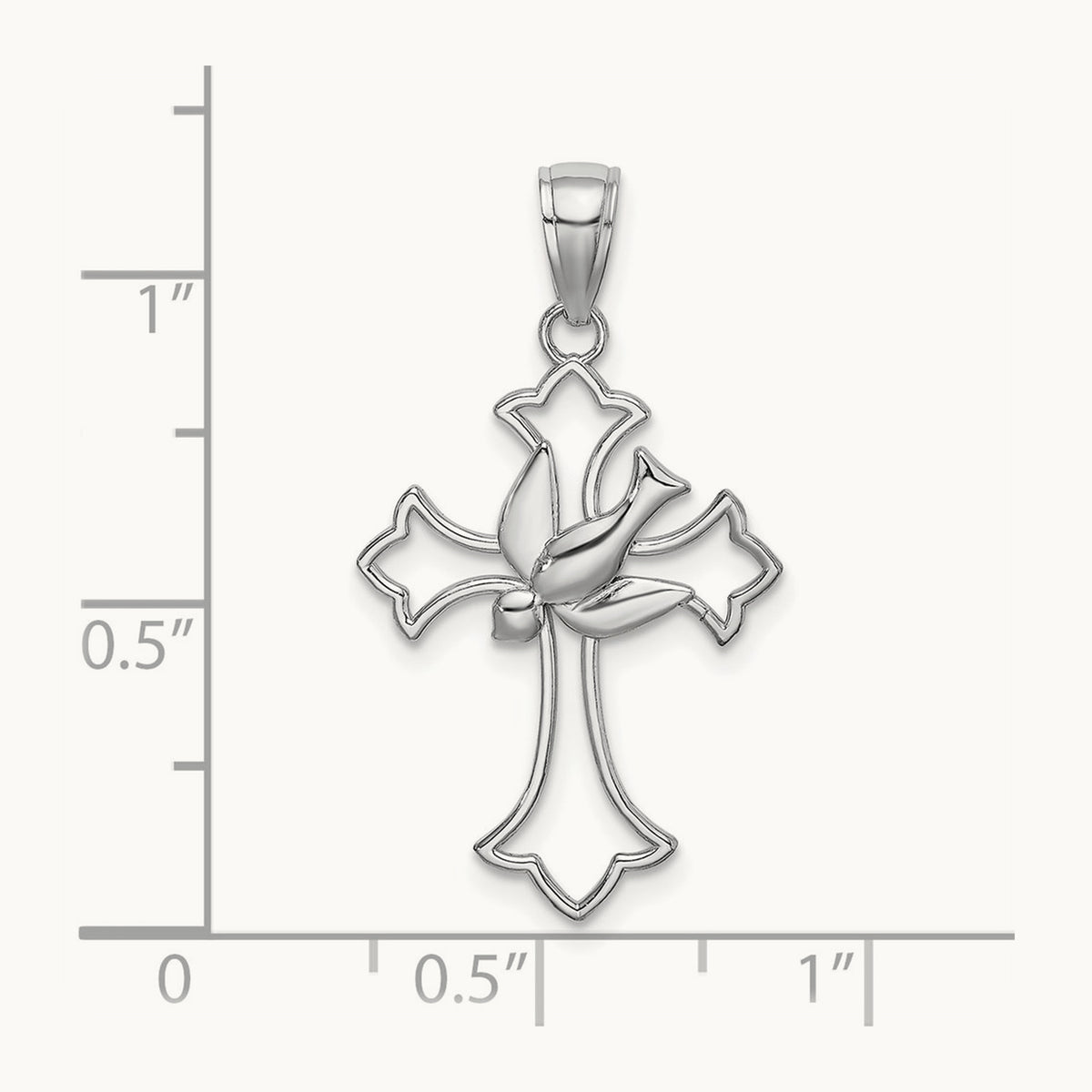 Polished Cross w/ Dove Charm, 14K White Gold