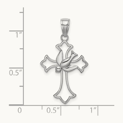 Polished Cross w/ Dove Charm, 14K White Gold