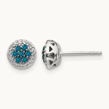 Blue/White Diamond Cluster Post Earrings, 14K White Gold