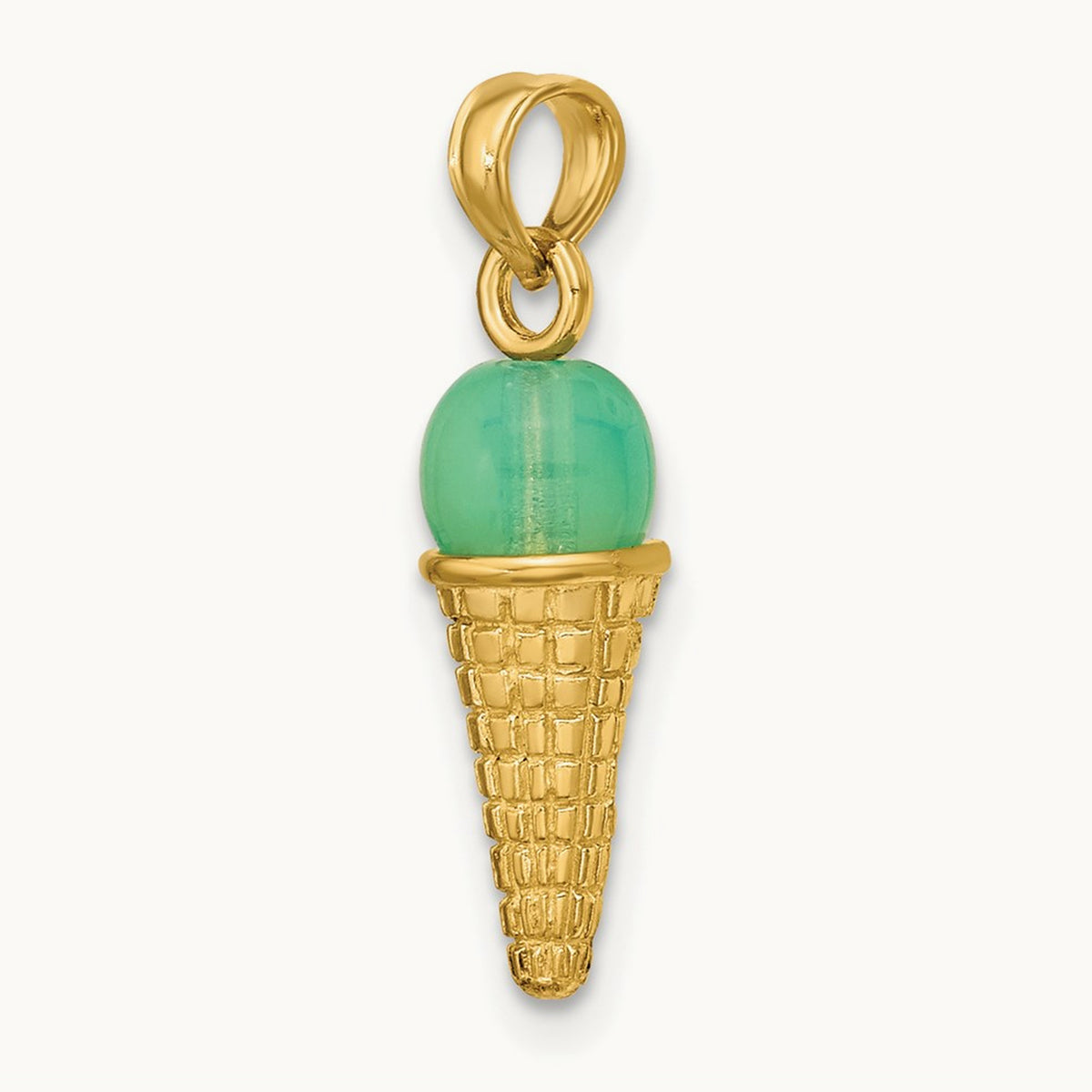 Satin Polished 3D Green Bead Ice Cream Cone Pendant, 14K