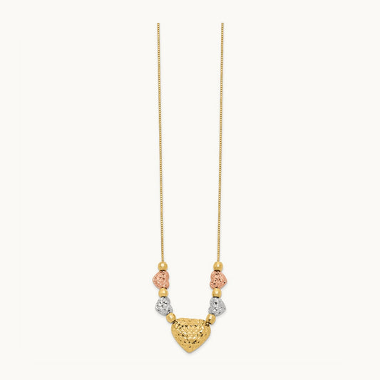 Tri-color Puff & Flat Hearts Necklace, 14K