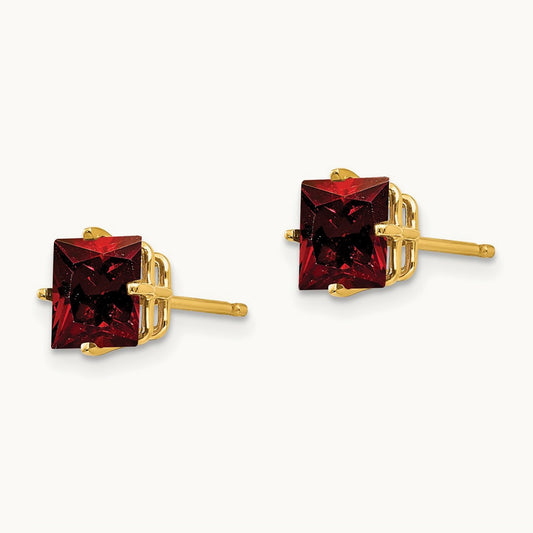 Princess Cut Garnet Earrings, 6mm, 14K